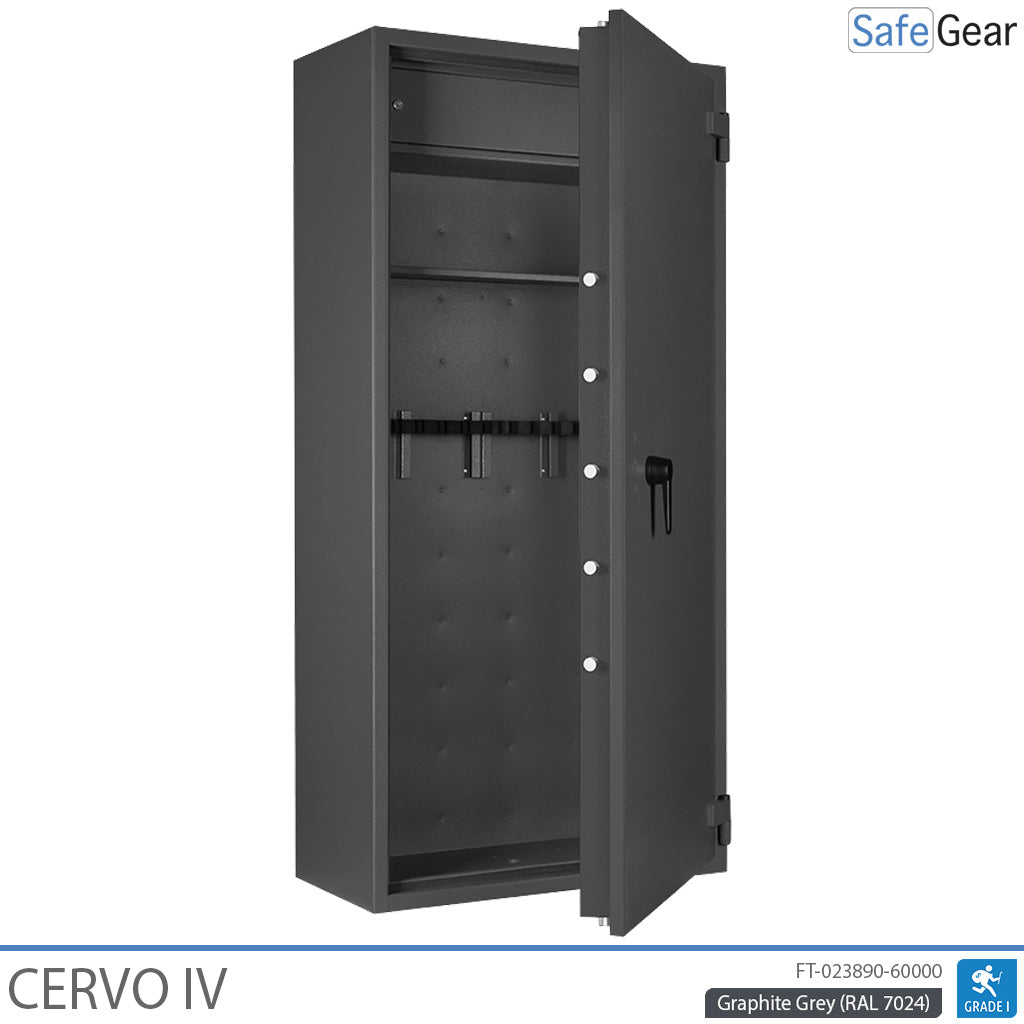 Cervo IV gun safe in Graphite Grey, door half open, empty