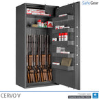 Cervo V gun safe in Graphite Grey, door open at 90 degrees with rifles, ammunition and door compartments
