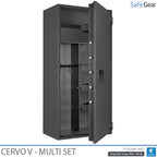Cervo V Multi Set gun safe in Graphite Grey, door open at 45 degrees with dividing wall and shelves