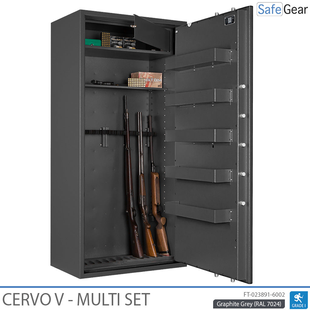 Cervo V Multi Set gun safe in Graphite Grey, door open at 90 degrees with rifles