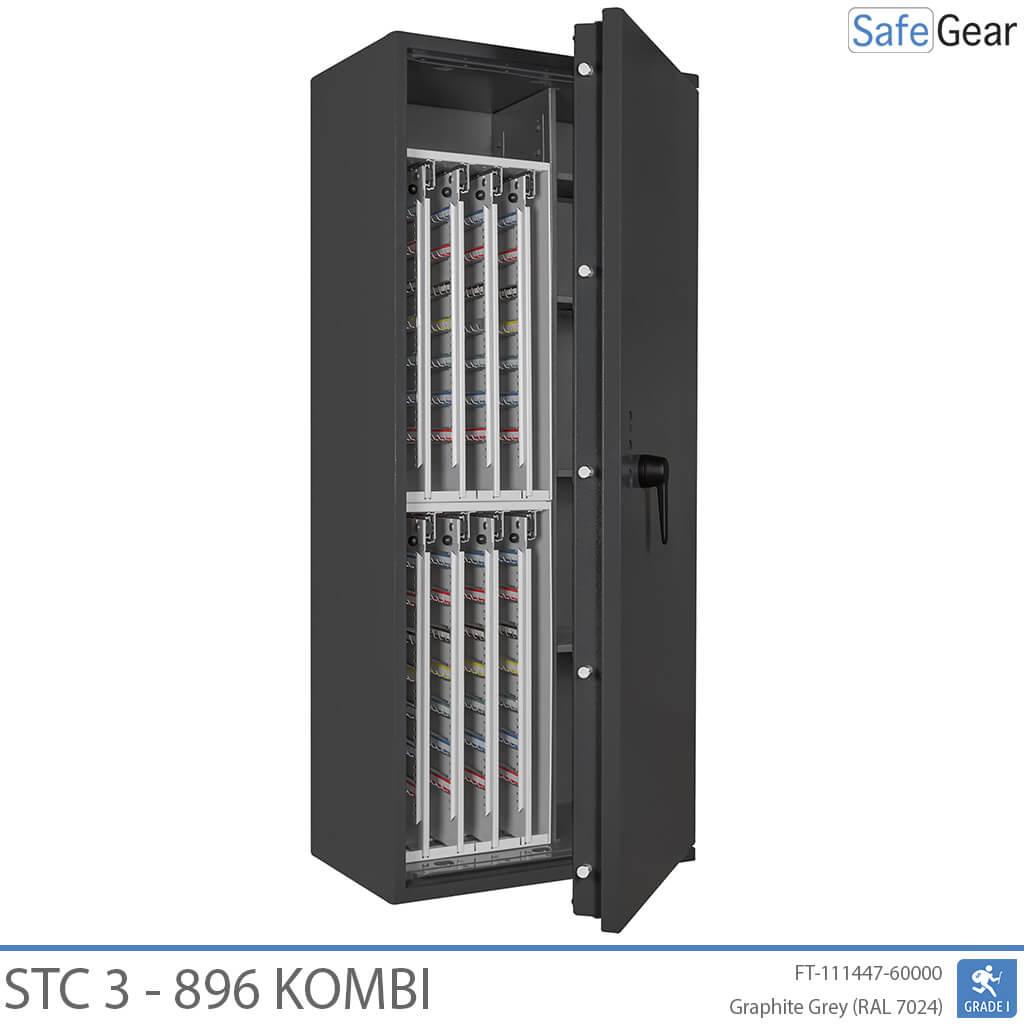 STC 3-896 Kombi key safe in graphite grey, door open at 45 degrees, pull-out key walls