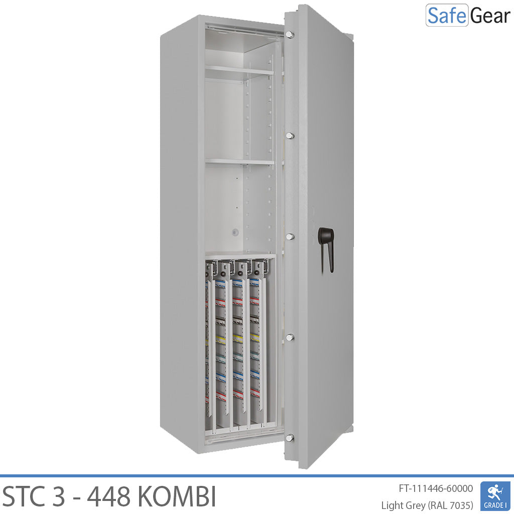STC 3-448 Kombi key safe in light grey, door open at 45 degrees, key walls and shelves