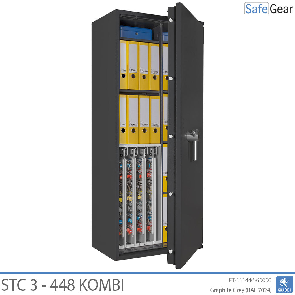 STC 3-448 Kombi key safe in graphite grey, door open at 45 degrees with keys and A4 binders