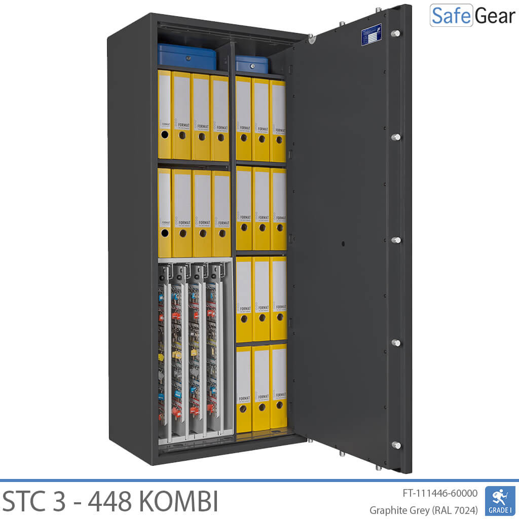 STC 3-448 Kombi key safe in graphite grey, door fully open with keys, valuables and binders